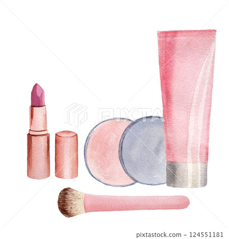 Composition with make up products, lipstick, powder, cream tube, brush, watercolor illustrations isolated on white background. For design, cards Composition with make up products, lipstick, powder, cream tube, brush, watercolor illustrations isolated on white background. For design, cards 124551181