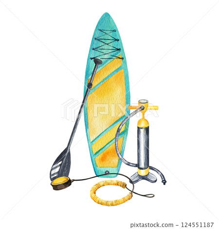 watercolor inflatable paddleboard, black paddles, pump, safety belt, hand drawn illustration of bright stand up paddle board, SUP and equipment, simple sketch of summer vacation on water, sea, ocean 124551187