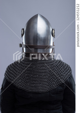 Back View of a Medieval Bascinet Helmet with Hounskull Visor 124551212