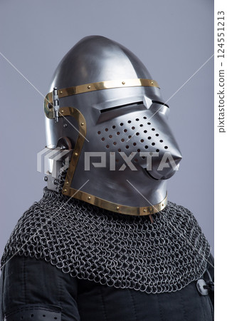 Close-Up of a Medieval Bascinet Helmet with Hounskull Visor Close-Up of a Medieval Bascinet Helmet with Hounskull Visor 124551213