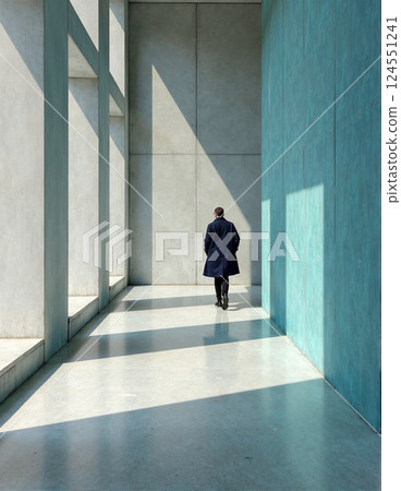 Minimalist architecture with lone figure in sunlit corridor 124551241