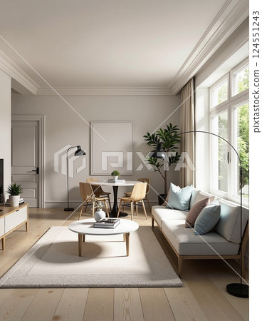 Minimalist modern living room with natural light and scandinavian interior design 124551243