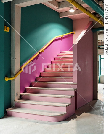 Modern interior staircase with bold colors and industrial design 124551257