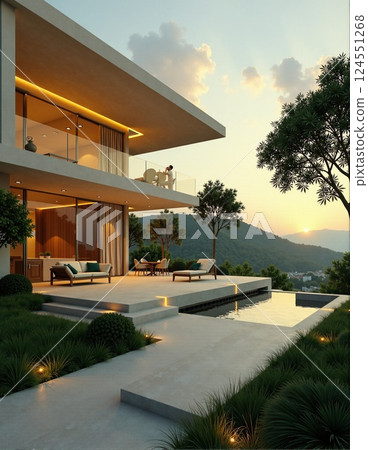 Modern luxury home with scenic mountain view at sunset Modern luxury home with scenic mountain view at sunset 124551268
