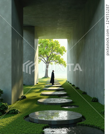Serene passage with circular stones leading to lone tree in modern architectural space 124551287
