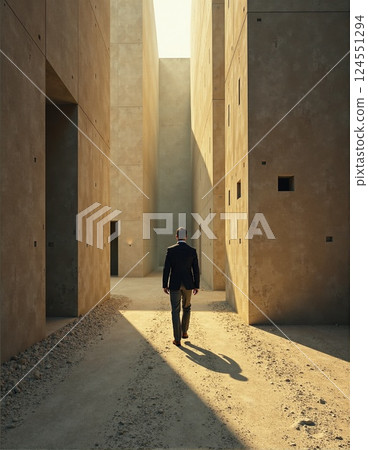 Solitary figure walking through modern architectural maze in sunlit shadows 124551294
