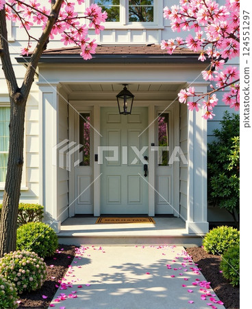 Springtime welcome: charming house entrance with blossoming trees 124551297