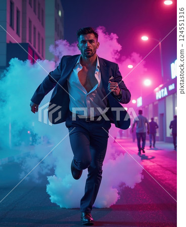 Urban night escape scene with determined man in suit running through neon lit street 124551316