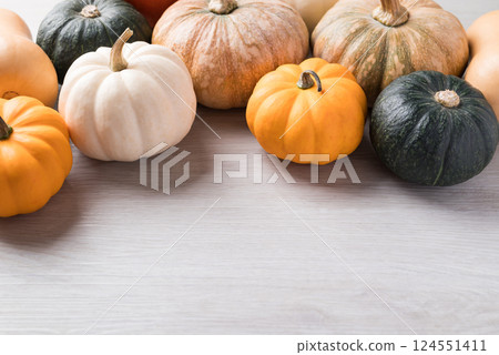 Various pumpkins on white background with copy space 124551411
