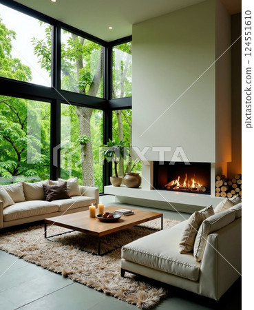 Cozy modern living room with fireplace and large windows overlooking nature Cozy modern living room with fireplace and large windows overlooking nature 124551610