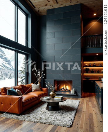 Cozy modern living room with fireplace and mountain view for interior inspiration Cozy modern living room with fireplace and mountain view for interior inspiration 124551611