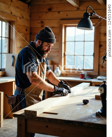 Craftsmanship in a cozy wood workshop setting for artisan carpentry projects 124551640