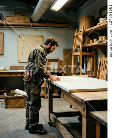Focused artisan working in a wood workshop: craftsmanship and creativity 124551661