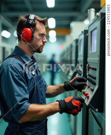 Focused industrial worker operating machinery with precision in a factory setting Focused industrial worker operating machinery with precision in a factory setting 124551663