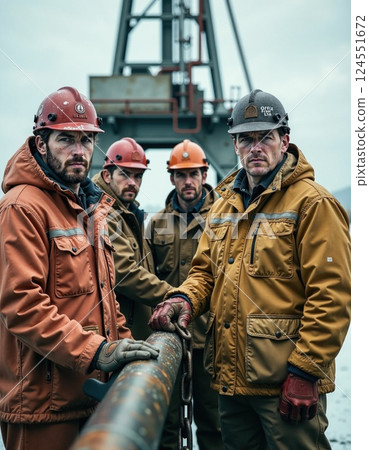 Group of industrial workers in protective gear at construction site 124551672