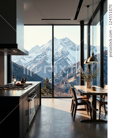 Modern kitchen with mountain view and natural light for cozy home living design 124551870
