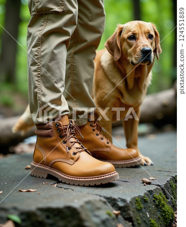 Outdoor adventure with dog and boots in forest setting 124551889