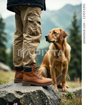 Outdoor adventure with dog in scenic mountain landscape 124551891