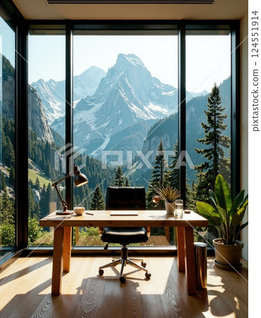 Serene workspace with mountain view ideal for inspirational design and contemplation 124551914
