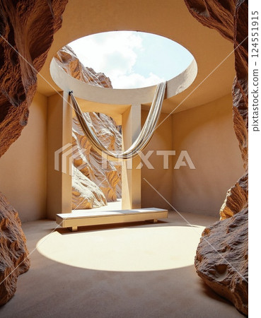 Serenity in desert architecture with sunlit hammock 124551915