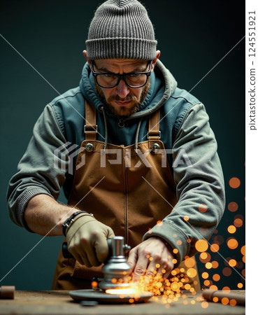 Skilled artisan grinding metal sparks workshop scene design for industrial projects 124551921