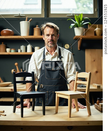 Skilled craftsman in woodworking workshop with handmade chairs 124551925