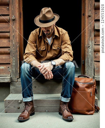 Stylish explorer in brown hat and boots with leather backpack 124551928