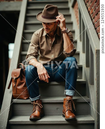 Stylish man in brown hat and boots sitting on stairs for urban fashion concept Stylish man in brown hat and boots sitting on stairs for urban fashion concept 124551930