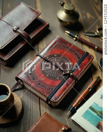 Vintage leather journal on wooden desk with pen and coffee cup for writing inspiration Vintage leather journal on wooden desk with pen and coffee cup for writing inspiration 124552028