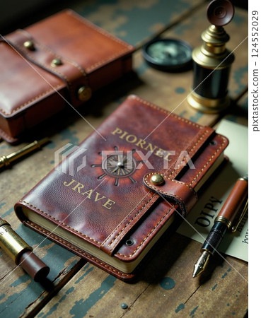 Vintage leather journal with compass and fountain pen for personal exploration and writing Vintage leather journal with compass and fountain pen for personal exploration and writing 124552029