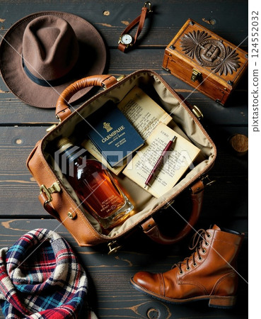 Vintage travel essentials with leather accessories, notebooks, and whiskey Vintage travel essentials with leather accessories, notebooks, and whiskey 124552032