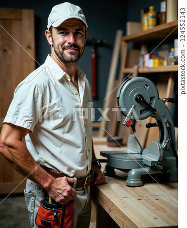 Confident craftsman in workshop with circular saw for carpentry projects and woodworking expertise 124552143