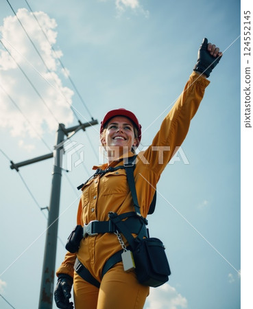 Confident worker celebrating achievement outdoors on a sunny day 124552145
