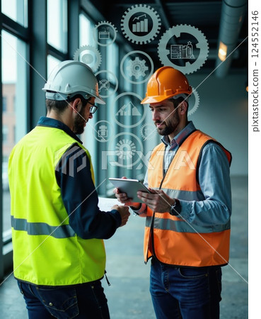 Construction collaboration concept with engineers using digital technology in modern industrial setting 124552146