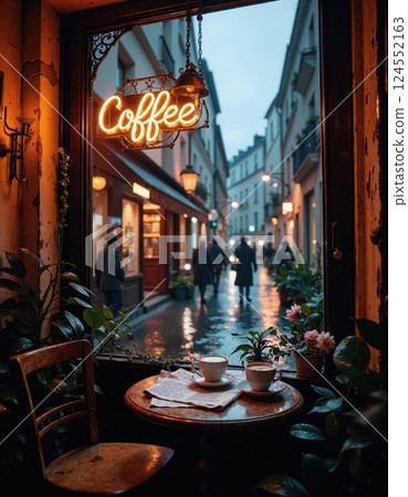 Cozy cafe scene on rainy evening with neon coffee sign and parisian street view 124552163