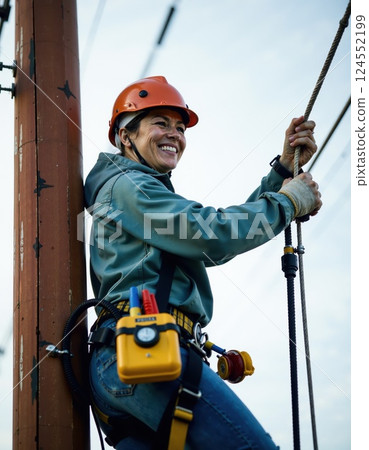 Female lineman smiling while working on utility pole in safety gear 124552199