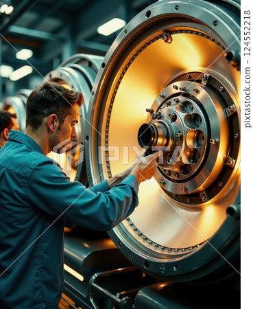 Industrial engineer adjusts precision machinery in a high-tech manufacturing facility 124552218