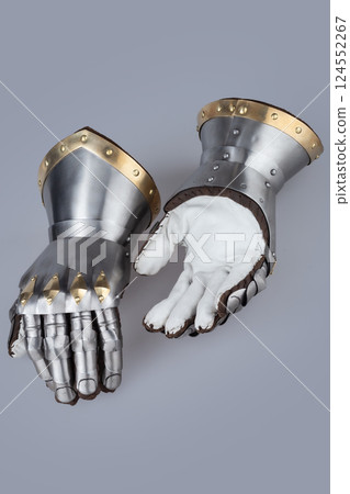 Pair of Medieval Steel and Brass Gothic Gauntlets 124552267