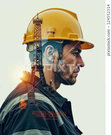 Industrial worker and oil rig double exposure for energy and engineering concepts 124552314