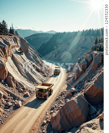 Majestic mountain landscape with construction vehicles on a serpentine path during sunny day 124552330