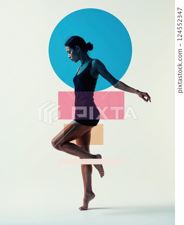 Modern dance and geometric art fusion featuring a ballerina in motion 124552347