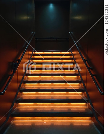 Modern illuminated staircase with warm lighting in minimalist interior design Modern illuminated staircase with warm lighting in minimalist interior design 124552351
