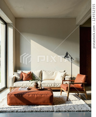 Modern living room with sunlit minimalist interior and cozy furniture arrangement 124552355