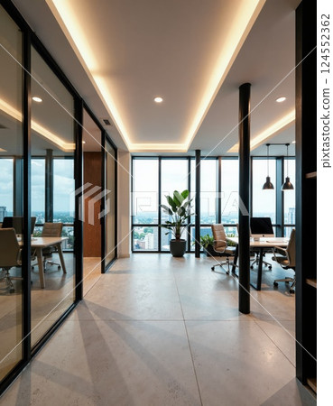 Modern office interior with glass walls and city view for professional workspace design Modern office interior with glass walls and city view for professional workspace design 124552362