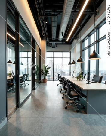 Modern office space with city view and sleek interior design elements 124552363