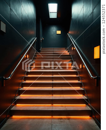 Modern urban staircase with illuminated steps leading to a skylight 124552371