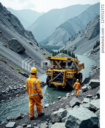 Mountain construction site with workers and dump truck in rocky terrain 124552372
