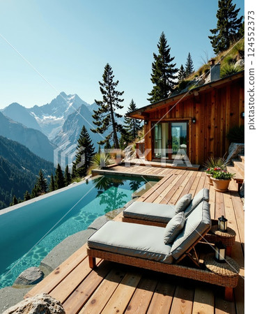 Mountain retreat with infinity pool and wooden cabin overlooking scenic alpine views 124552373