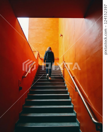 Solitude in a vibrant orange corridor: woman walking upstairs Solitude in a vibrant orange corridor: woman walking upstairs 124552397