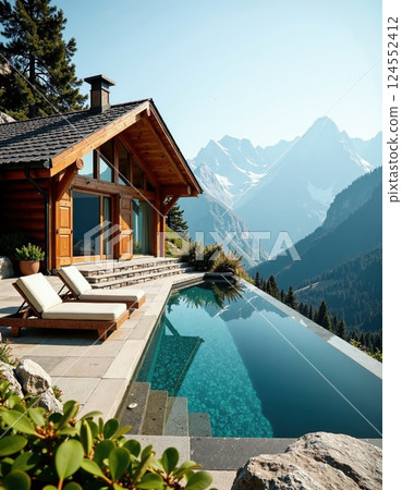 Tranquil mountain retreat with infinity pool overlooking scenic peaks 124552412
